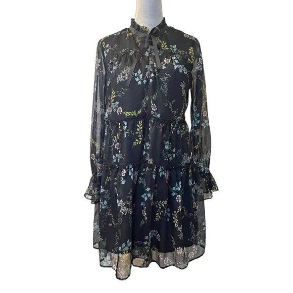Who What Wear Dresses & Skirts - Who What Wear Tiered Dress Womens Small Black Floral Chiffon Above Knee Tie Neck